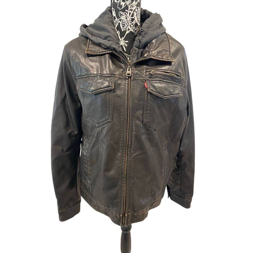 Levi’s Faux Leather Sherpa Lined Hooded Jacket Brown Zip Coat Mens Medium Grunge